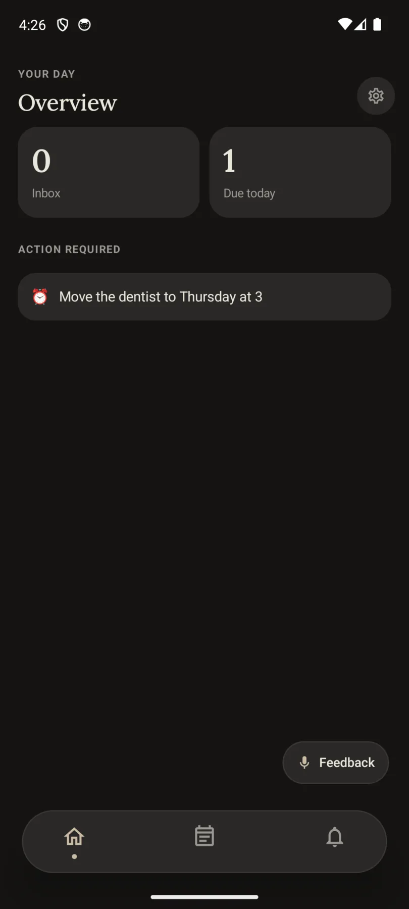 Spocken Overview screen: what is in the inbox, what is due today, and what needs an action