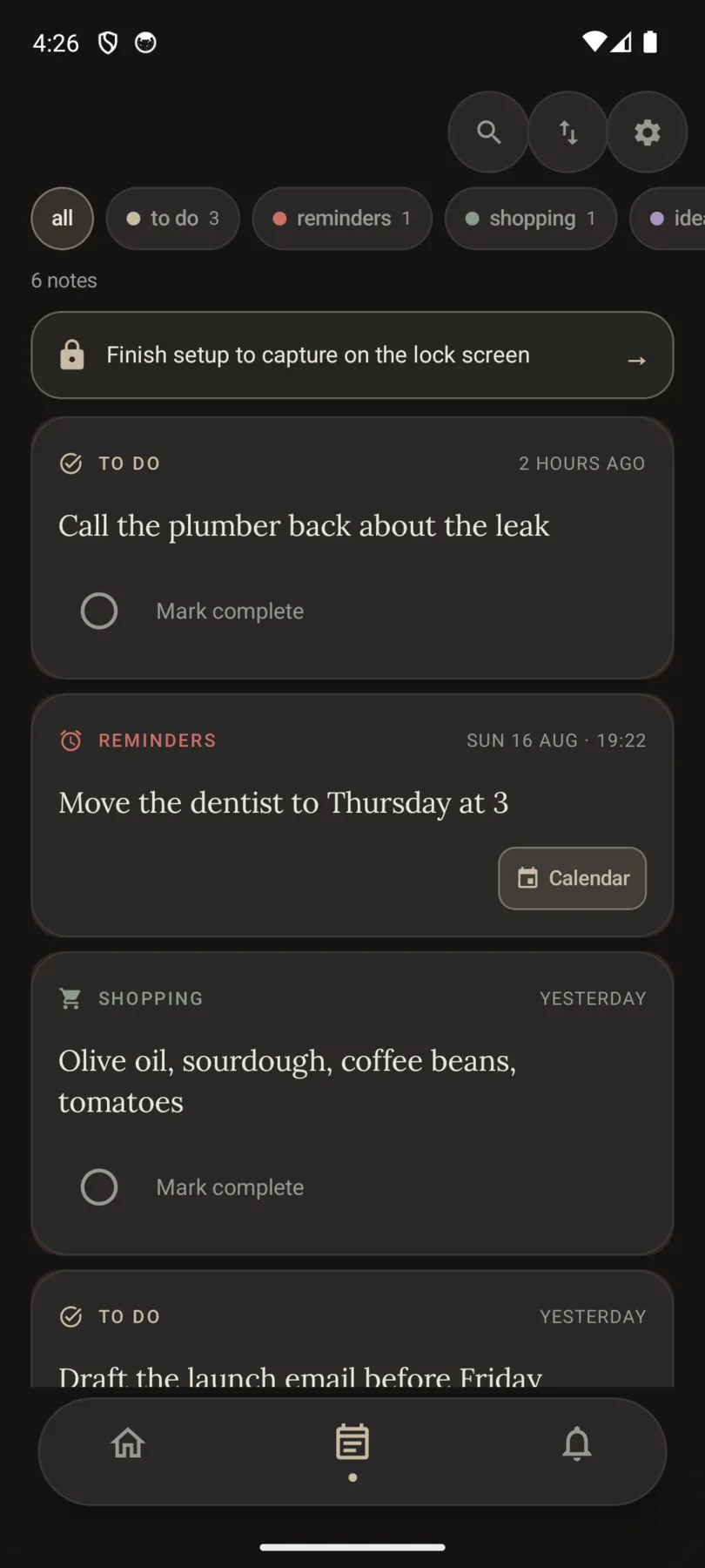 Spocken notes screen: six notes filed under to do, reminders, shopping and ideas